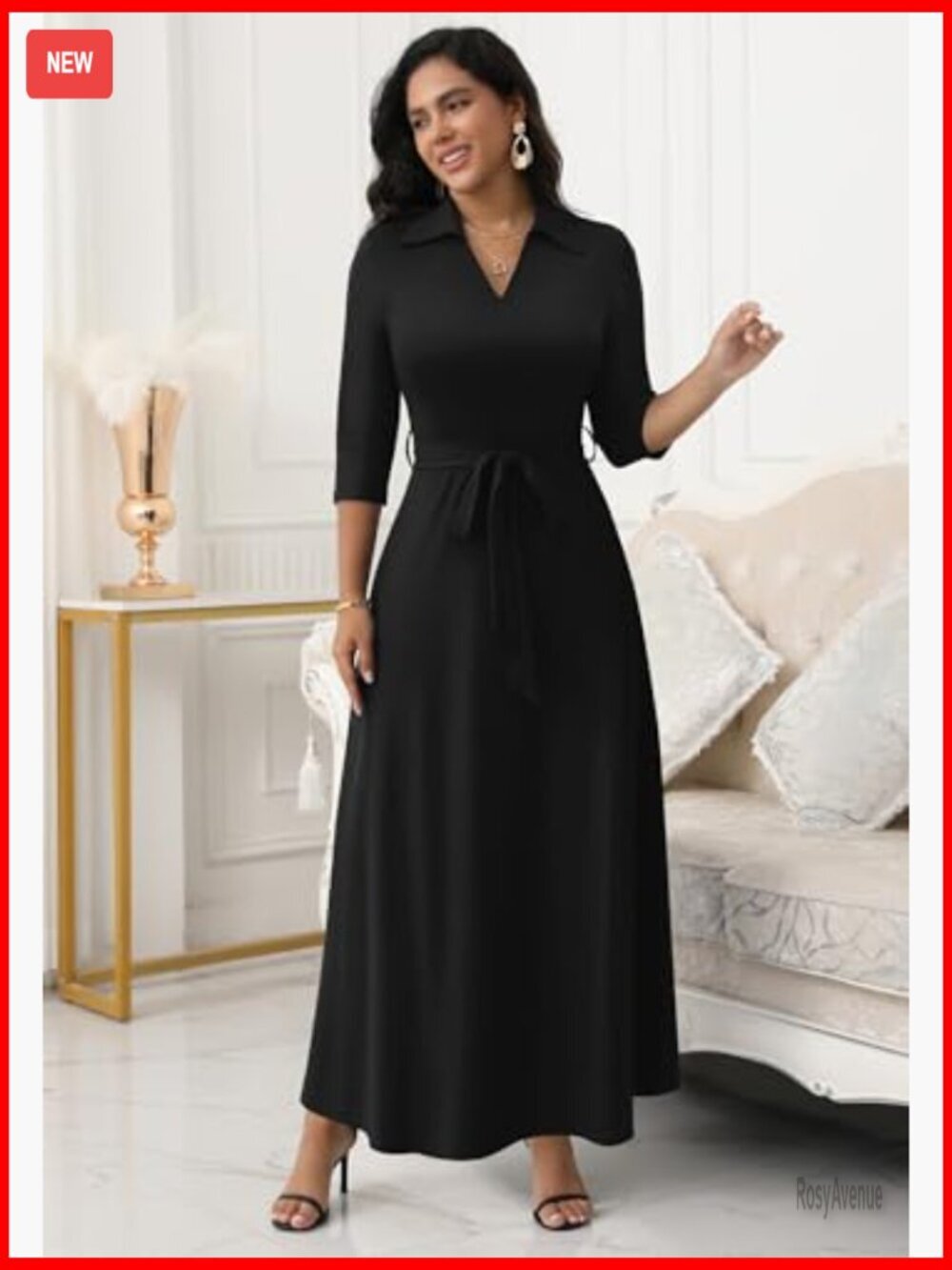 Maxi Dress V Neck 3/4 Sleeve Fit & Flare Semi Formal Casual - Picture 2 of 7